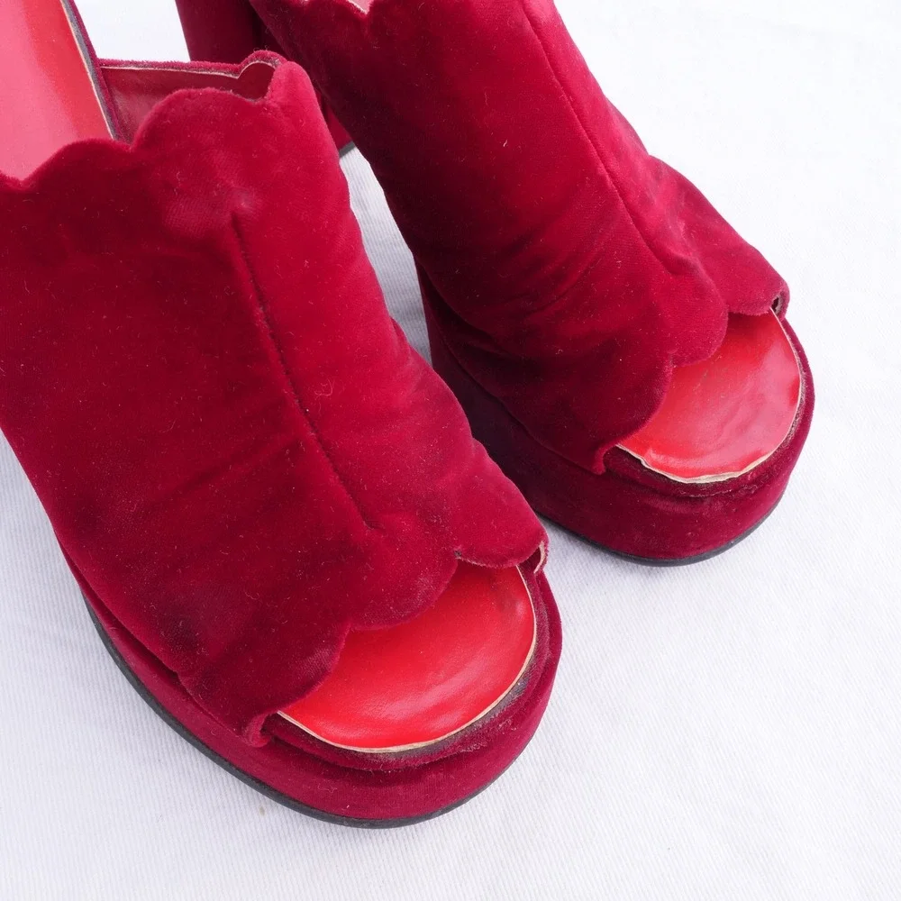 True vintage 1970s Montgomery Ward red velvet open toe platforms mules